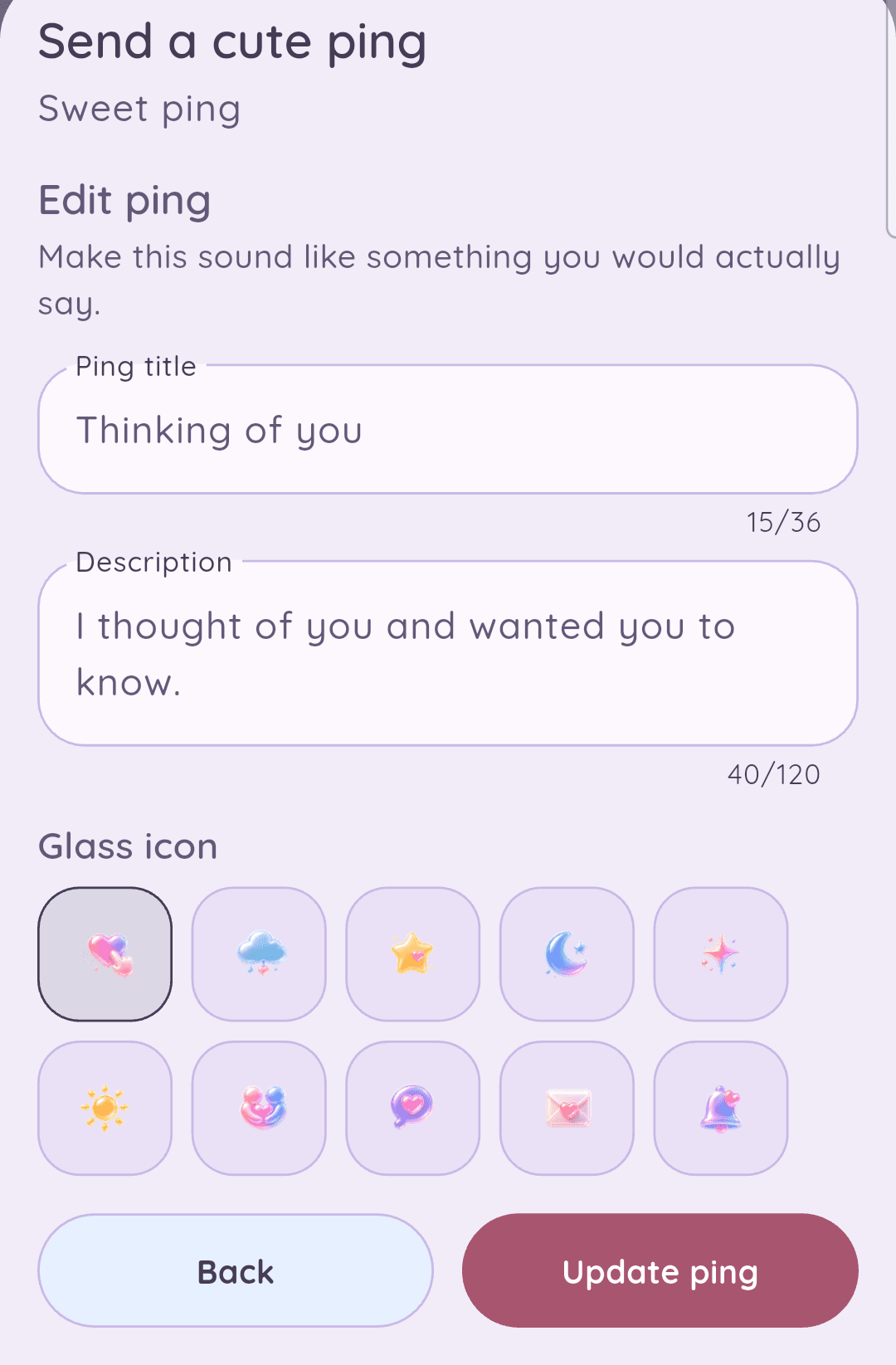 HeartTap edit ping form with title, description, and glass icon picker